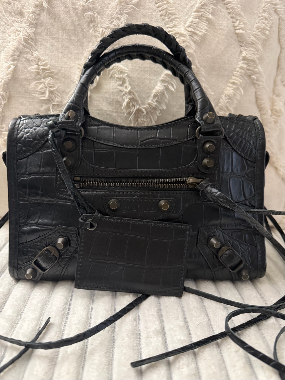 Balenciaga mini city black croc embossed leather